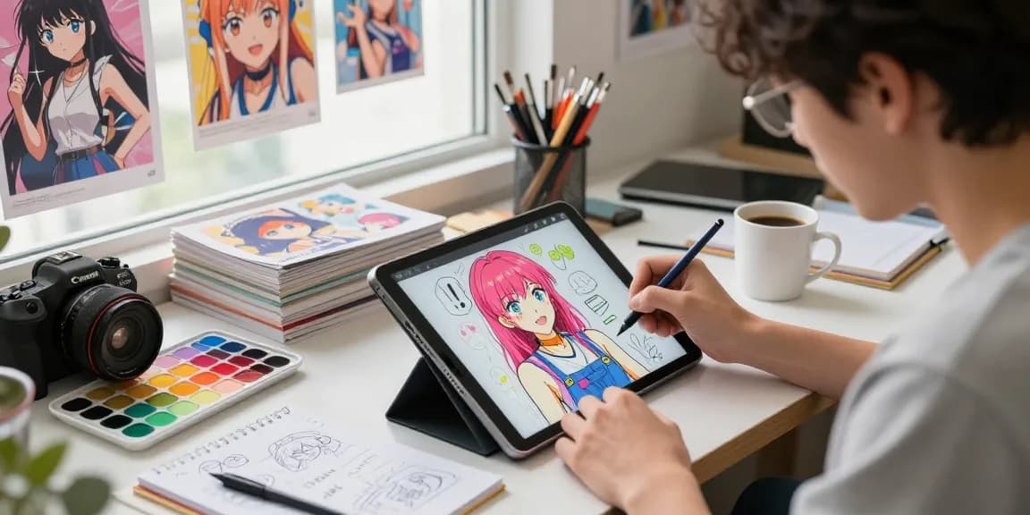 Ecchi ai artist in a colorful studio creating digital art with passion and creativity.