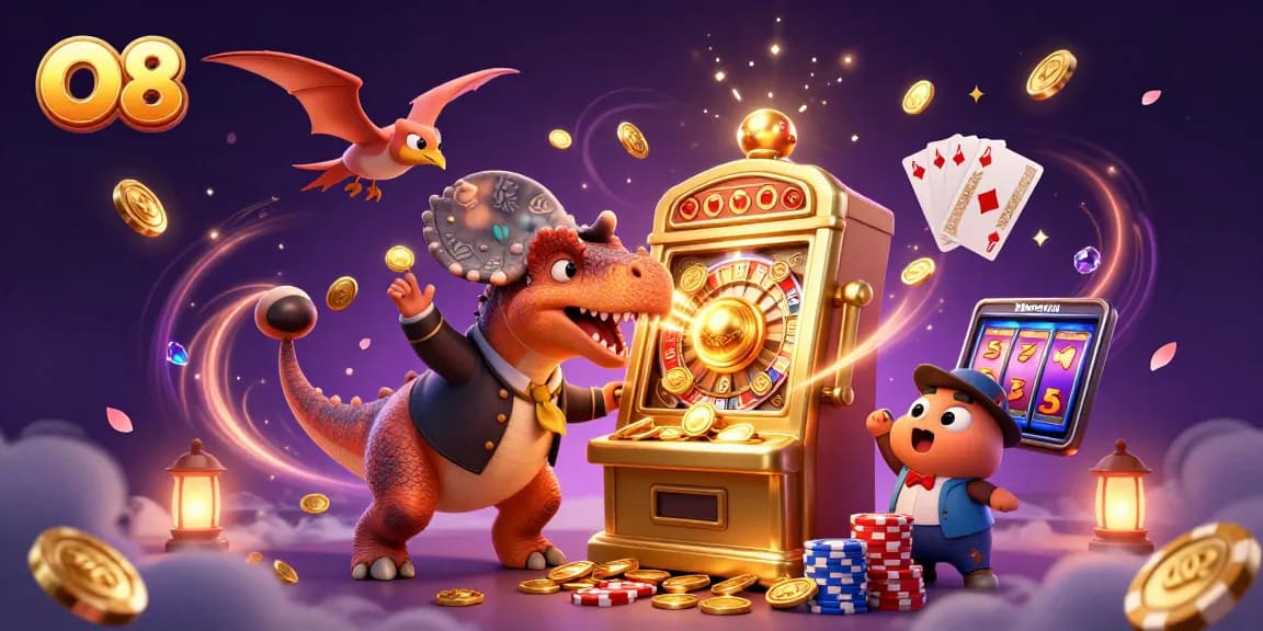 O8 leads a vibrant casino scene with cartoon dinosaurs celebrating jackpots amidst a flurry of golden coins.