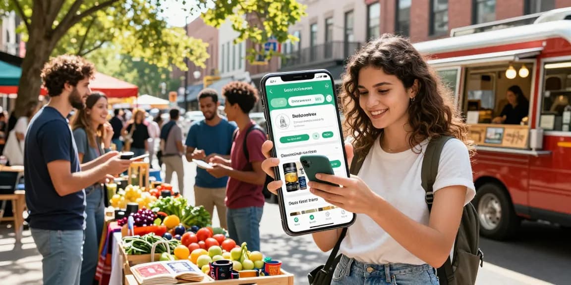 Engaged user exploring a hyperlocal discovery app at a vibrant street market.