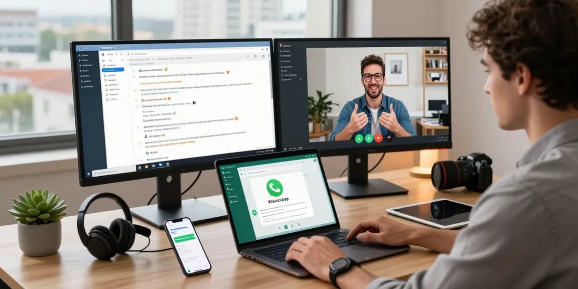 Professional using WhatsApp網頁版 on a laptop in a modern office setting, showcasing vibrant video calls and tech gadgets.