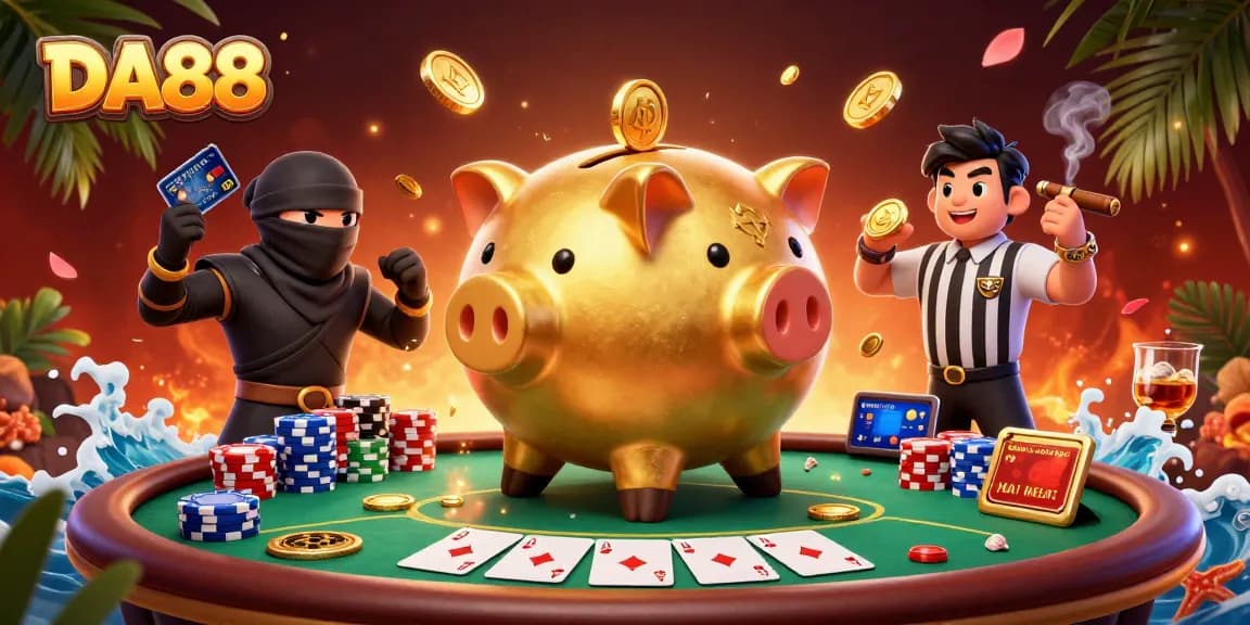 Experience thrilling DA88 casino action featuring a golden piggy bank sumo wrestler amid poker chaos.
