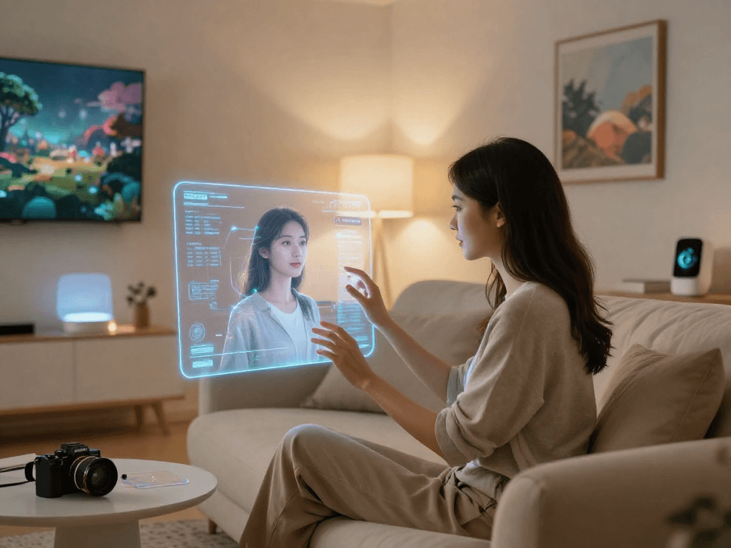 Engaging with an AI girlfriend through holographic technology in a modern living space, illustrating futuristic companionship.