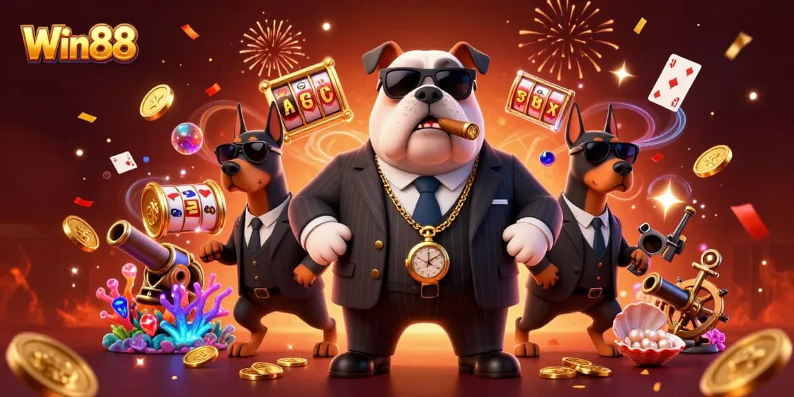 Win88 gambling scene with a cartoon mafia bulldog surrounded by slot reels and vivid treasures.