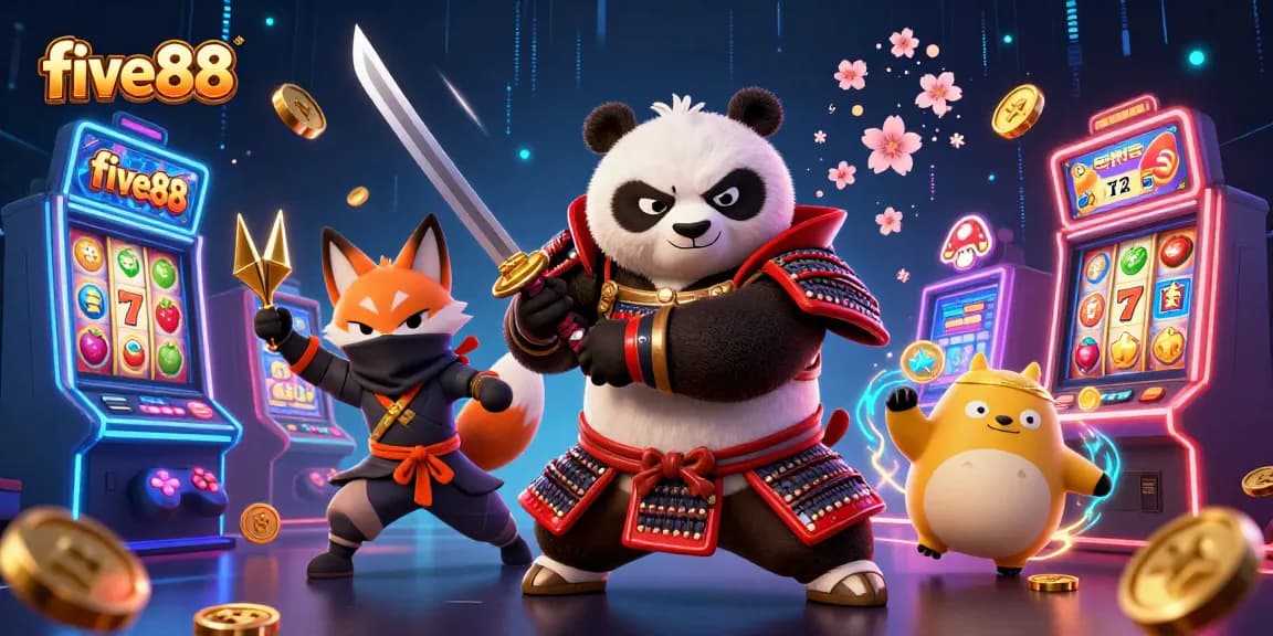 Experience the thrill of five88 slots with a 3D samurai panda and vibrant gaming visuals.