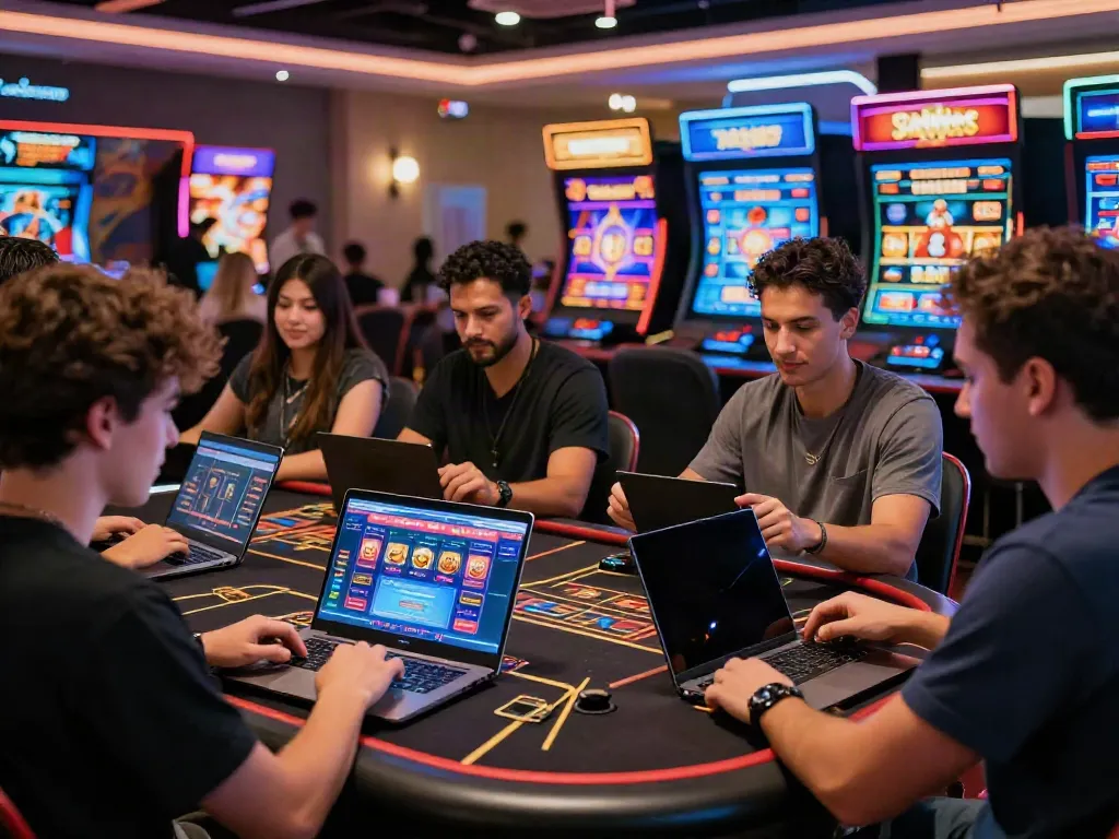 Players enjoying online credit card casinos, discussing games and promotions in a lively atmosphere.