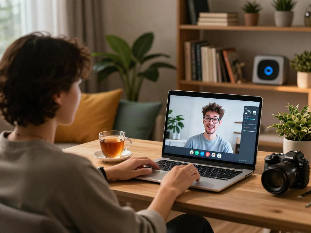 Engaging sex chat ai conversation in a cozy home office with a friendly vibe.