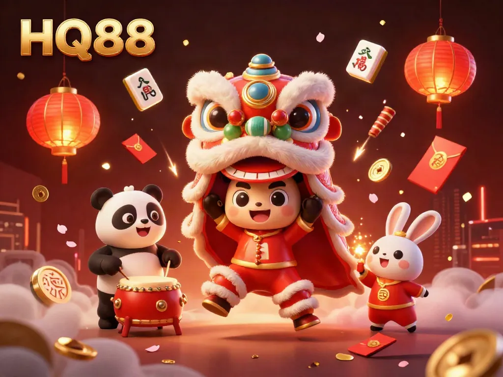 Experience immersive fun at HQ88 with lion dance characters celebrating fortune amid casino elements.