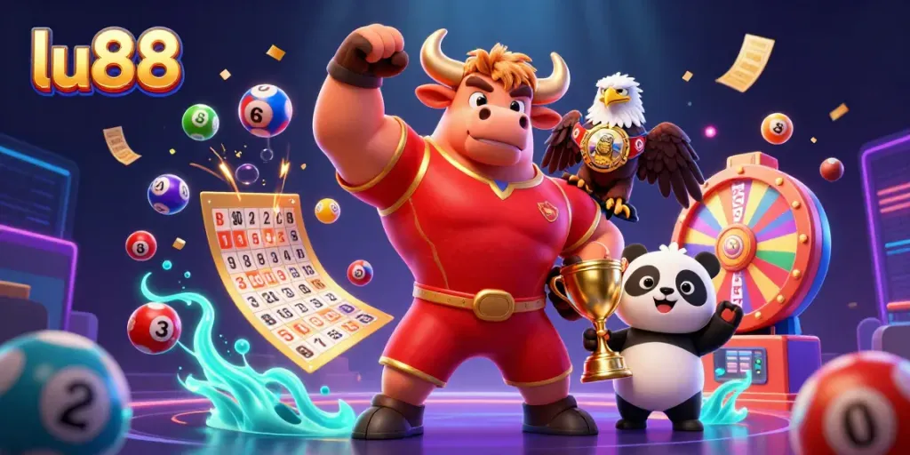 Win big with lu88 as a victorious bull mascot celebrates next to an eagle and panda amidst dynamic casino elements.