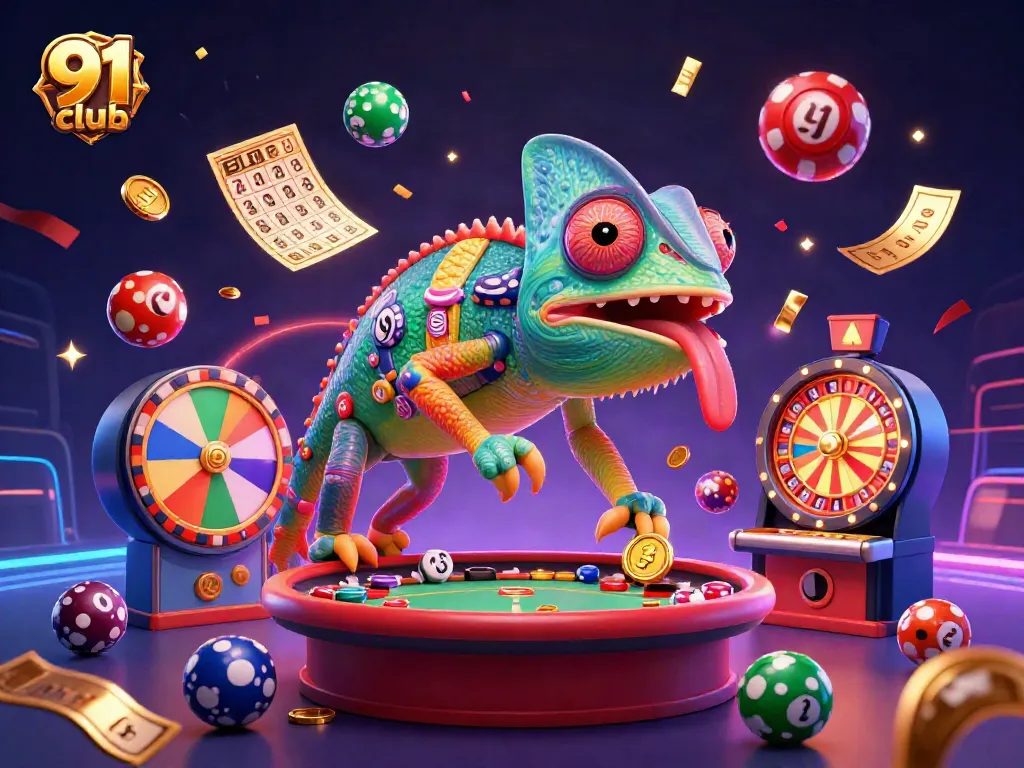 Engage with the vibrant 91 club gaming scene featuring a colorful chameleon and lively elements.