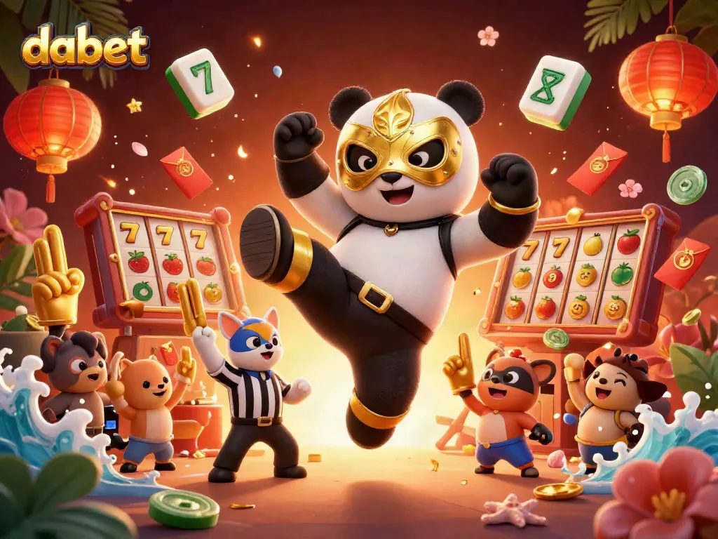 dabet showcases a thrilling casino scene with a panda wrestler kicking while surrounded by slot machines and cheering animal fans.