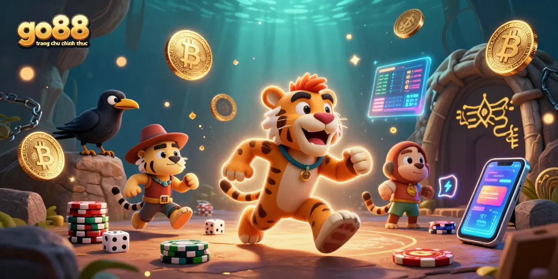 Experience exhilarating gaming at go88 trang chu chinh thuc with lively characters and neon cryptocurrency elements.