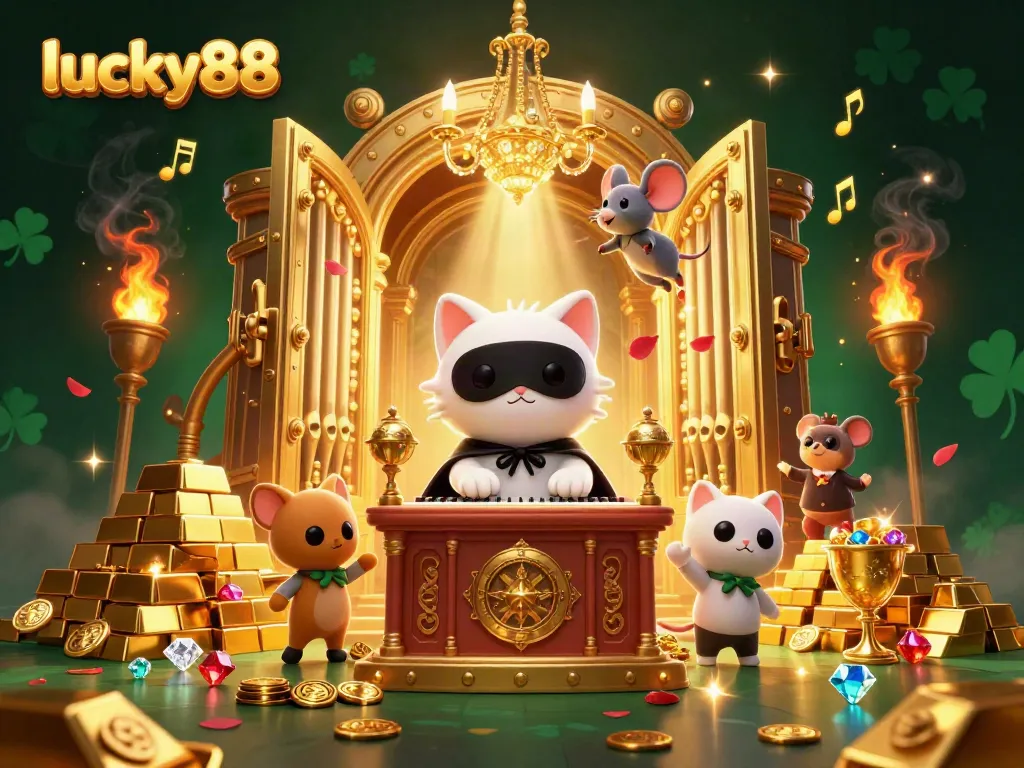 Win big with lucky88 in a vibrant casino scene filled with treasures and detailed characters.