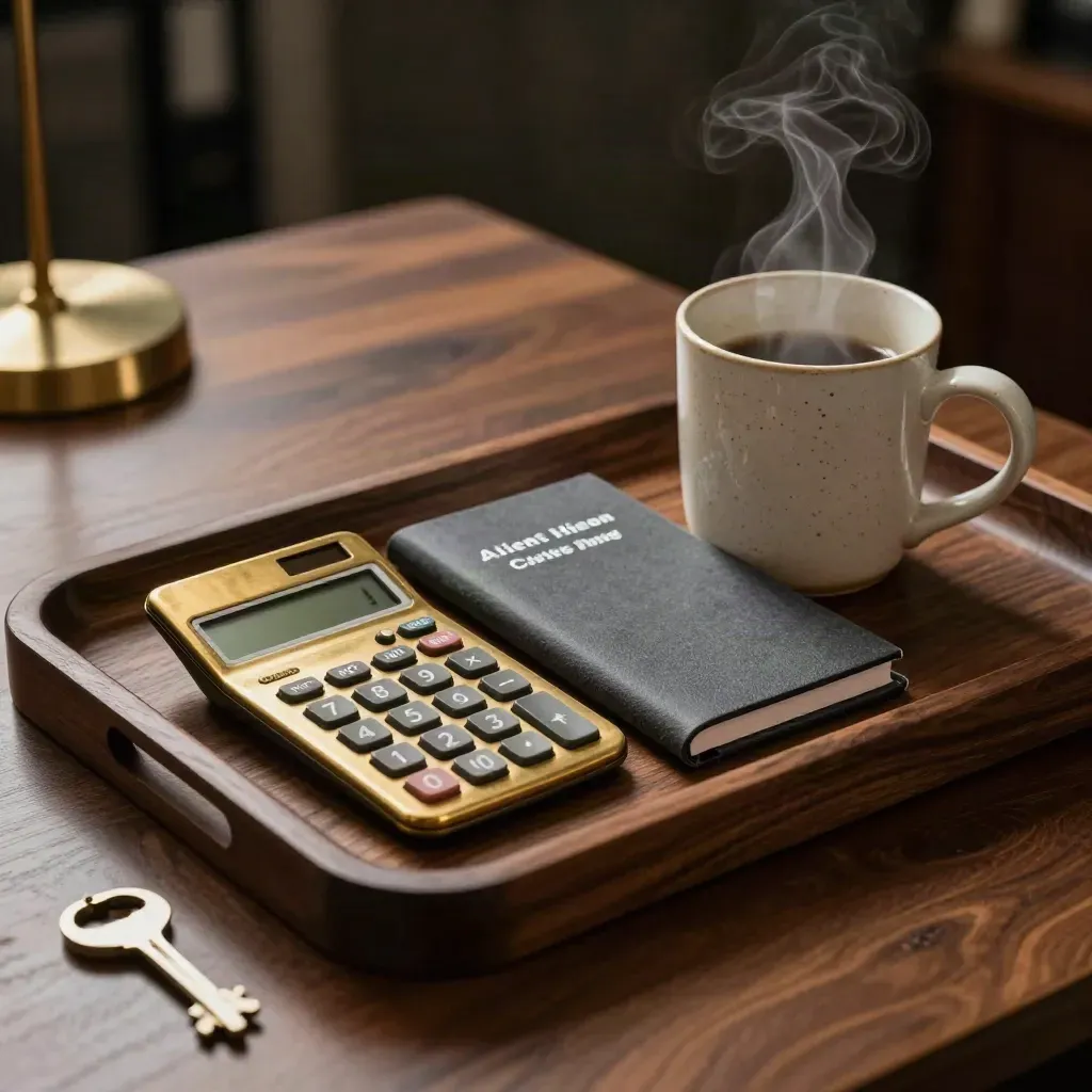 Walnut tray with brass calculator, closed ledger and steaming ceramic mug in dramatic studio light