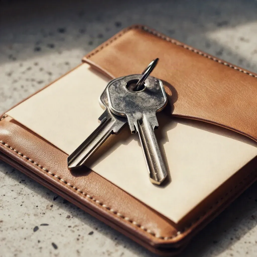 Macro still life of keys, a tax envelope and leather wallet on travertine