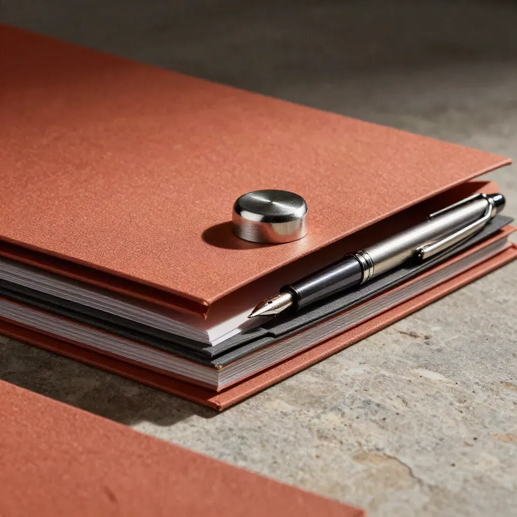 Close macro of terracotta folders, silver paperweight and fountain pen on stone.