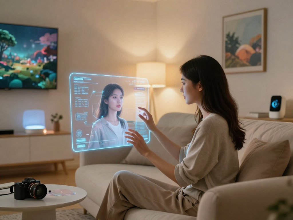 Engaging with an AI girlfriend through holographic technology in a modern living space, illustrating futuristic companionship.