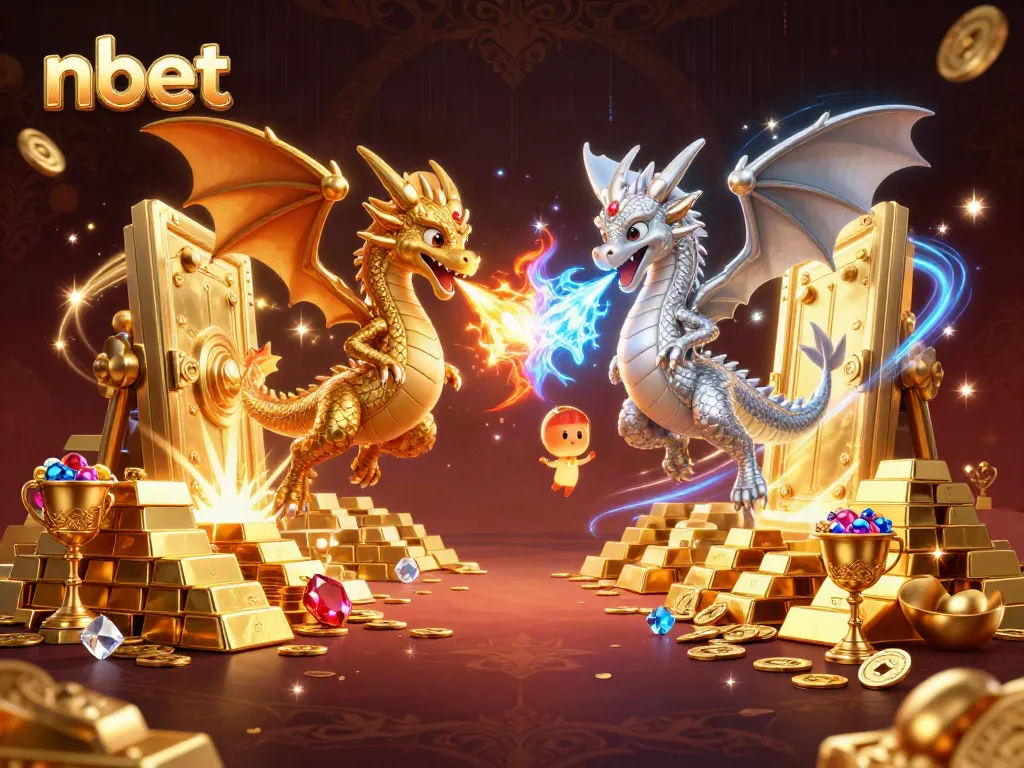 Experience thrilling gaming with nbet in this dynamic scene featuring intertwining dragons and treasure.