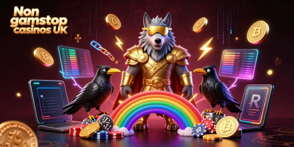 Explore Non gamstop casinos UK with Odin and his ravens in a vibrant 3D illustration.