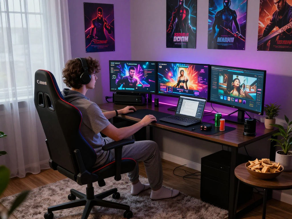 Player enjoying online porn games at a gaming setup with dim lighting and colorful screens.