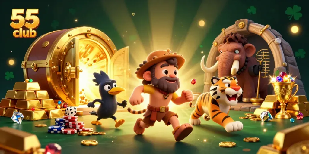 Experience thrilling casino adventures with 55 club's unique gaming atmosphere and vibrant illustrations.
