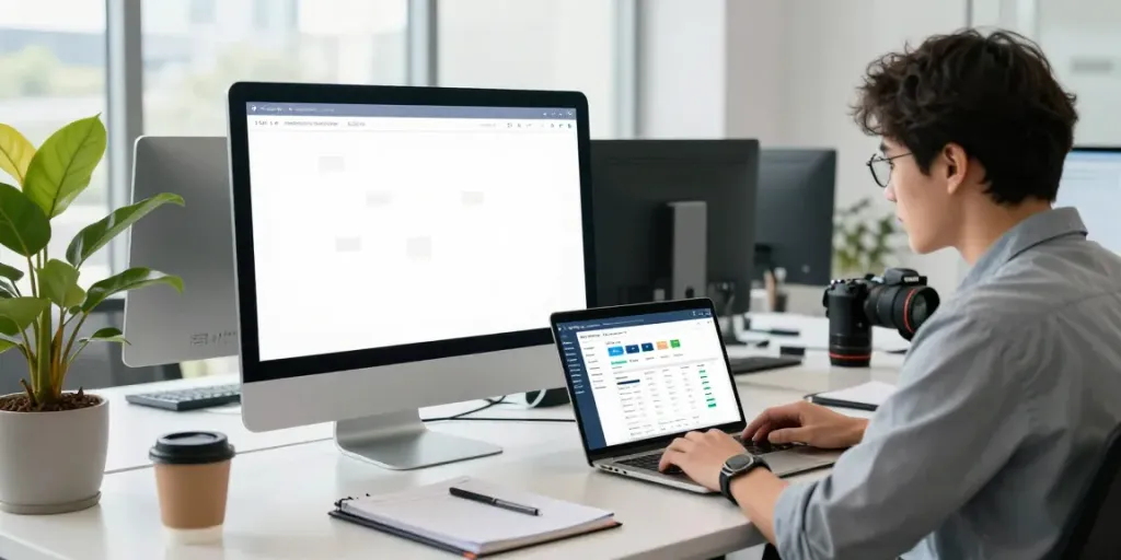 Digital marketer analyzing instant indexing data in modern office