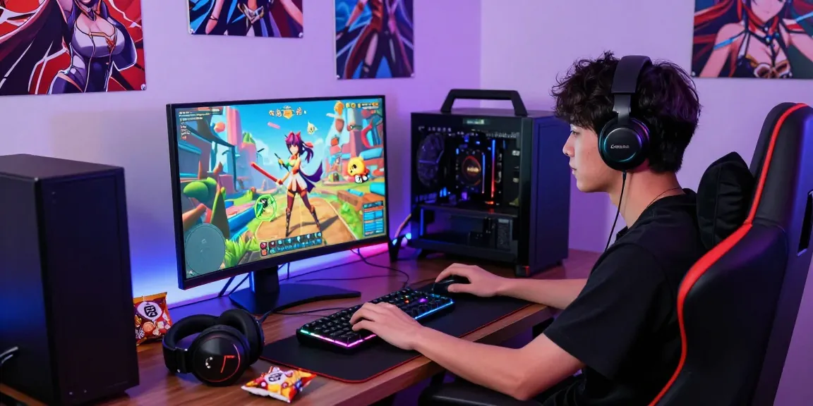 Player engaging with a vibrant hentai game online in a dynamic gaming setup with RGB lights and anime decor.
