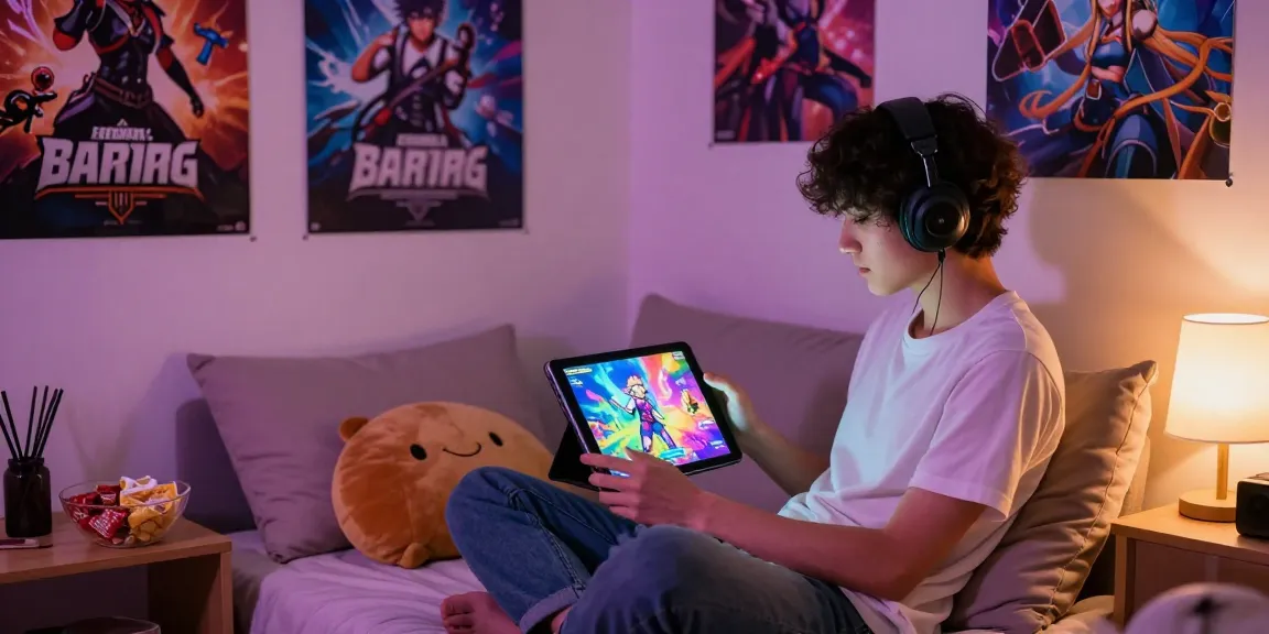 Engaging player enjoying an ero game on a tablet in a cozy bedroom setting.