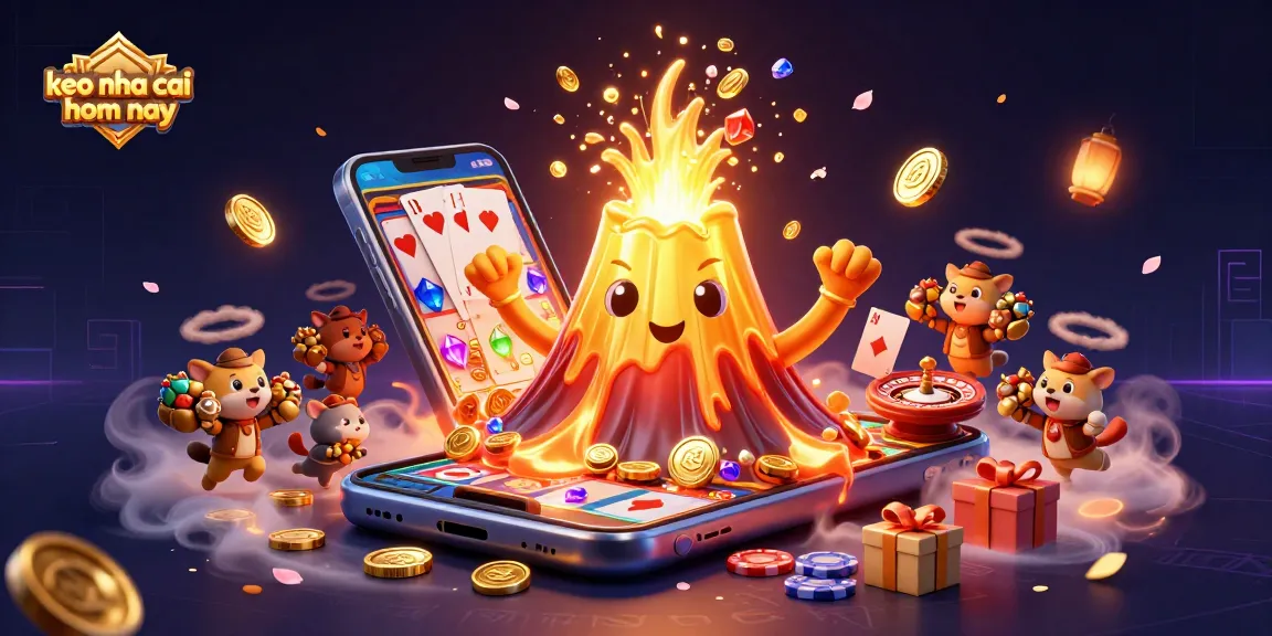 Experience keo nha cai hom nay with a vibrant 3D illustration showcasing a golden volcano erupting treasures and exciting casino elements.