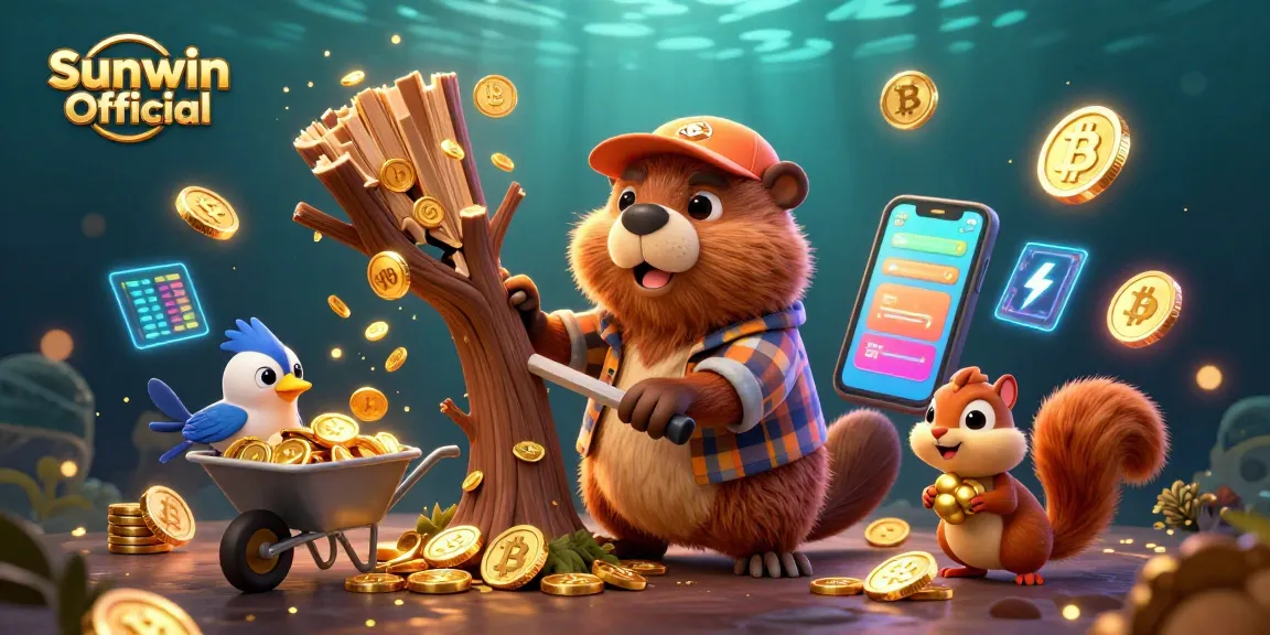 Experience thrilling wins with Sunwin Official as the cartoon beaver chops a coin tree in an engaging casino scene.
