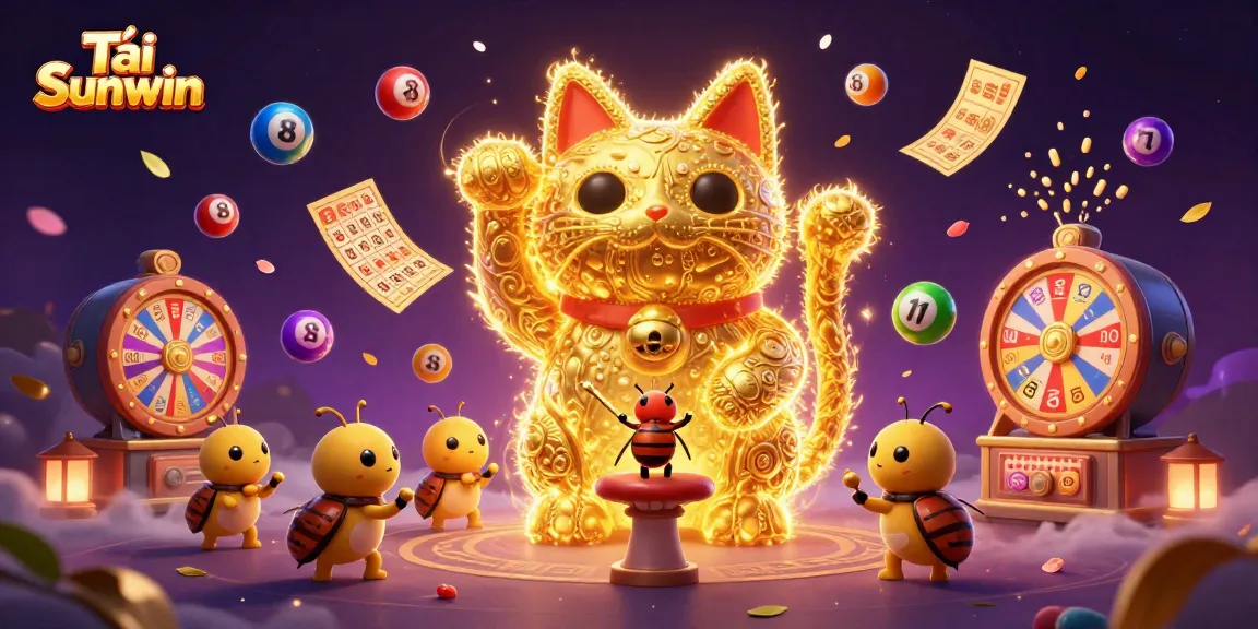 Tải Sunwin with vibrant lottery balls, a lucky cat, and engaging casino symbols highlighting online gaming excitement.