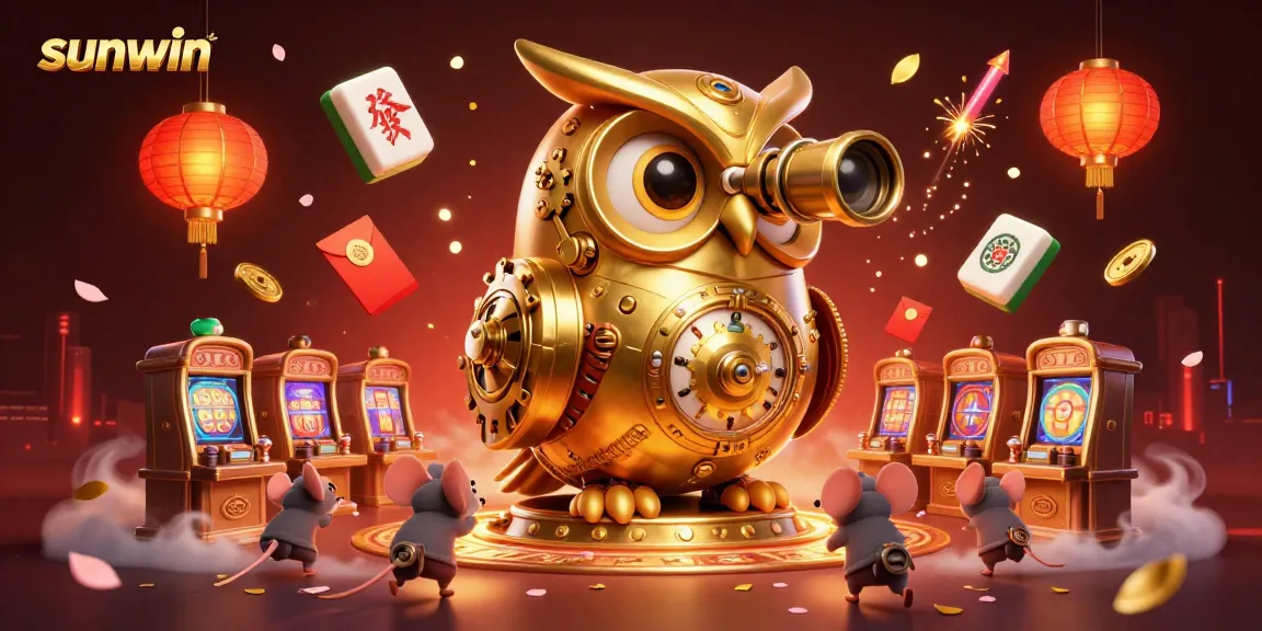 Win big with sunwin in this vibrant 3D casino illustration, showcasing a golden owl and animated mouse patrons.
