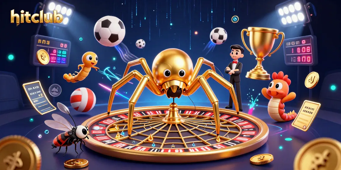 Engage with hitclub's thrilling betting scene as a golden spider spins a roulette web while a fly places bets.