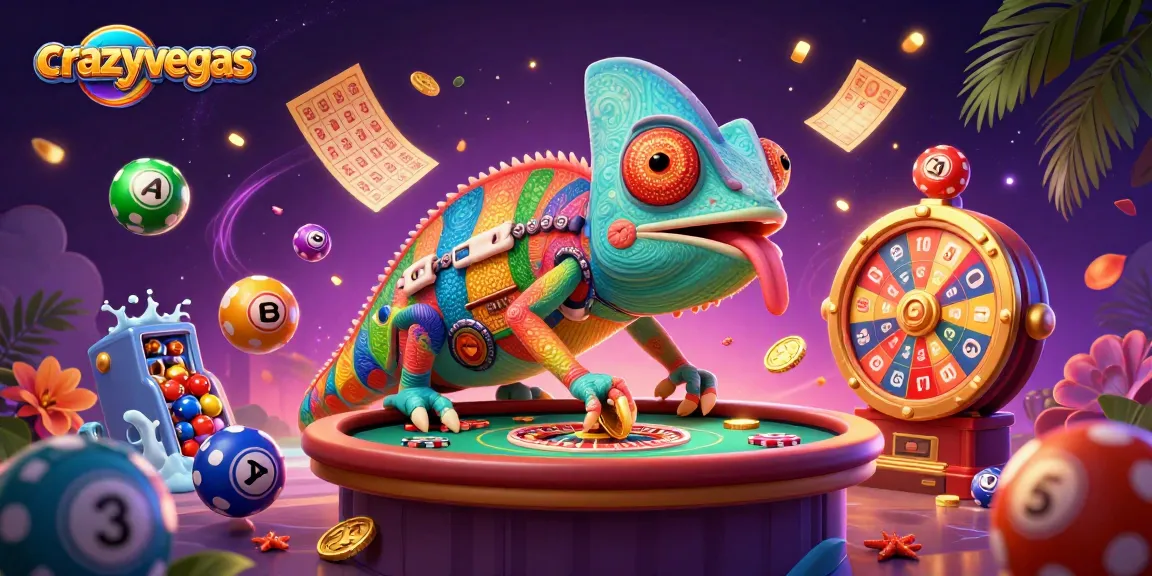 Experience exciting gaming at crazyvegas with the vibrant chameleon casino owner amidst dynamic lottery elements.