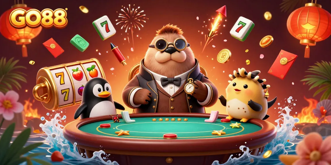 Engage with GO88's vibrant slot games featuring cartoon walrus and dynamic illustrations for players.