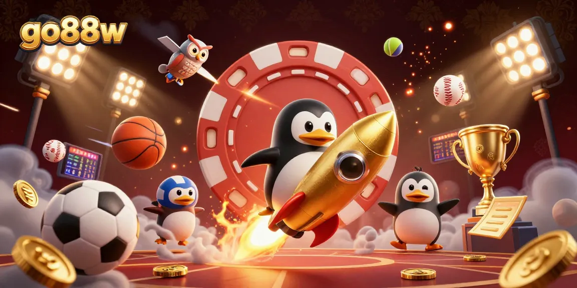 Engage with go88w in a vibrant 3D casino scene featuring a daring penguin and vibrant sports elements.